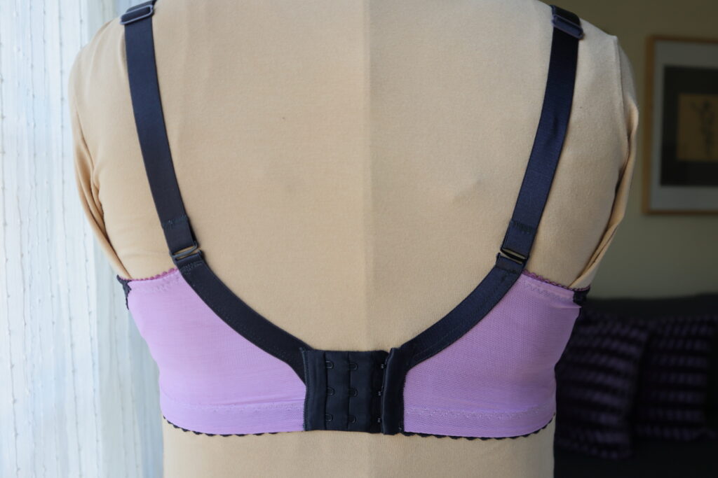 Close up back detail of purple bra with black lace on mannequin