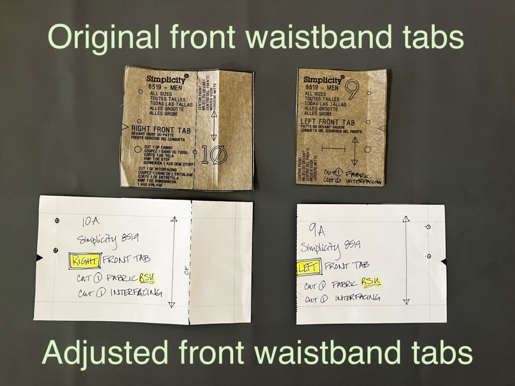 Detail of four front waistband pattern pieces labelled "Original front waistband tabs" and "Adjusted front waistband tabs"